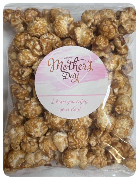 Mother's Day Snack Bag with custom logo and pink label filled with caramel popcorn.