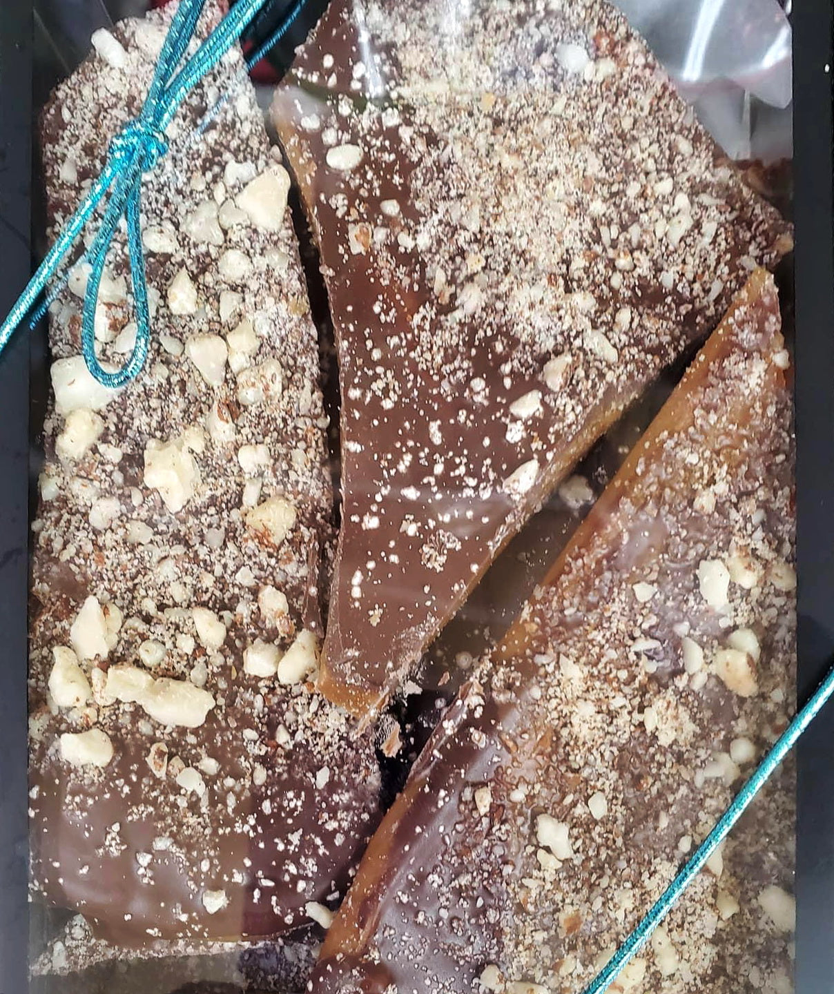 Chocolate Toffee & Nuts with rich buttery toffee, chocolate, and nuts.