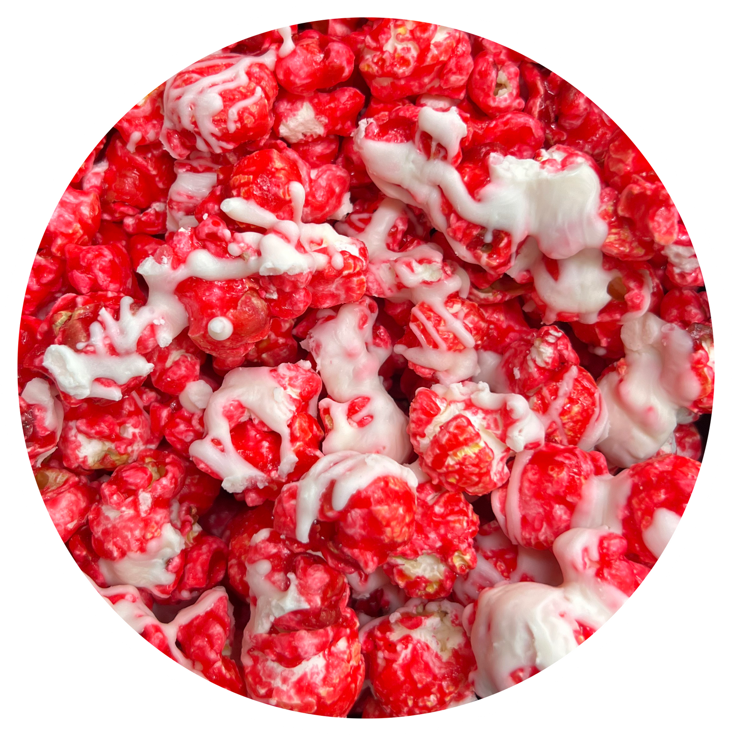 Cinnamon white chocolate popcorn with drizzle.