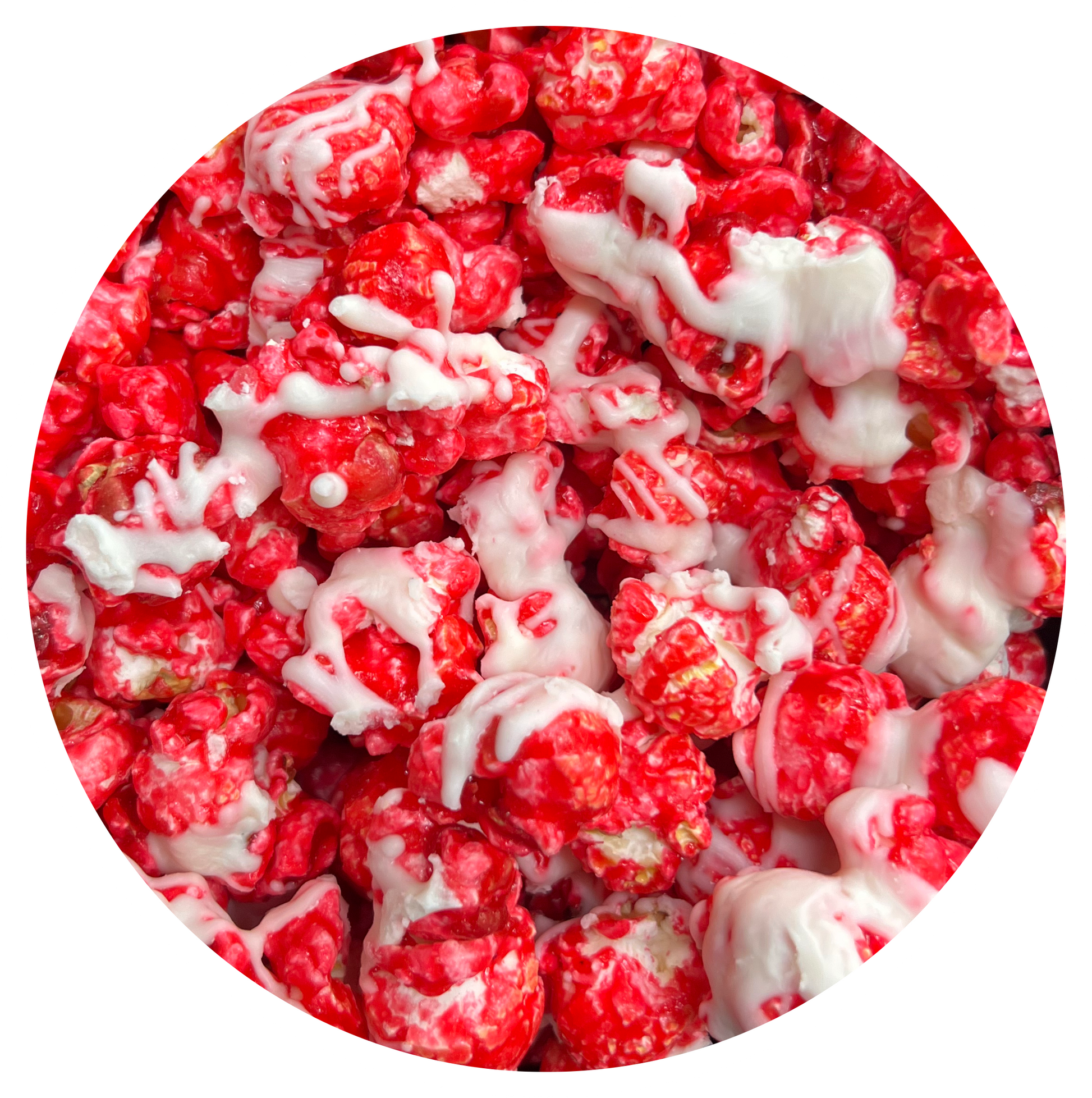 Cinnamon white chocolate popcorn with drizzle.