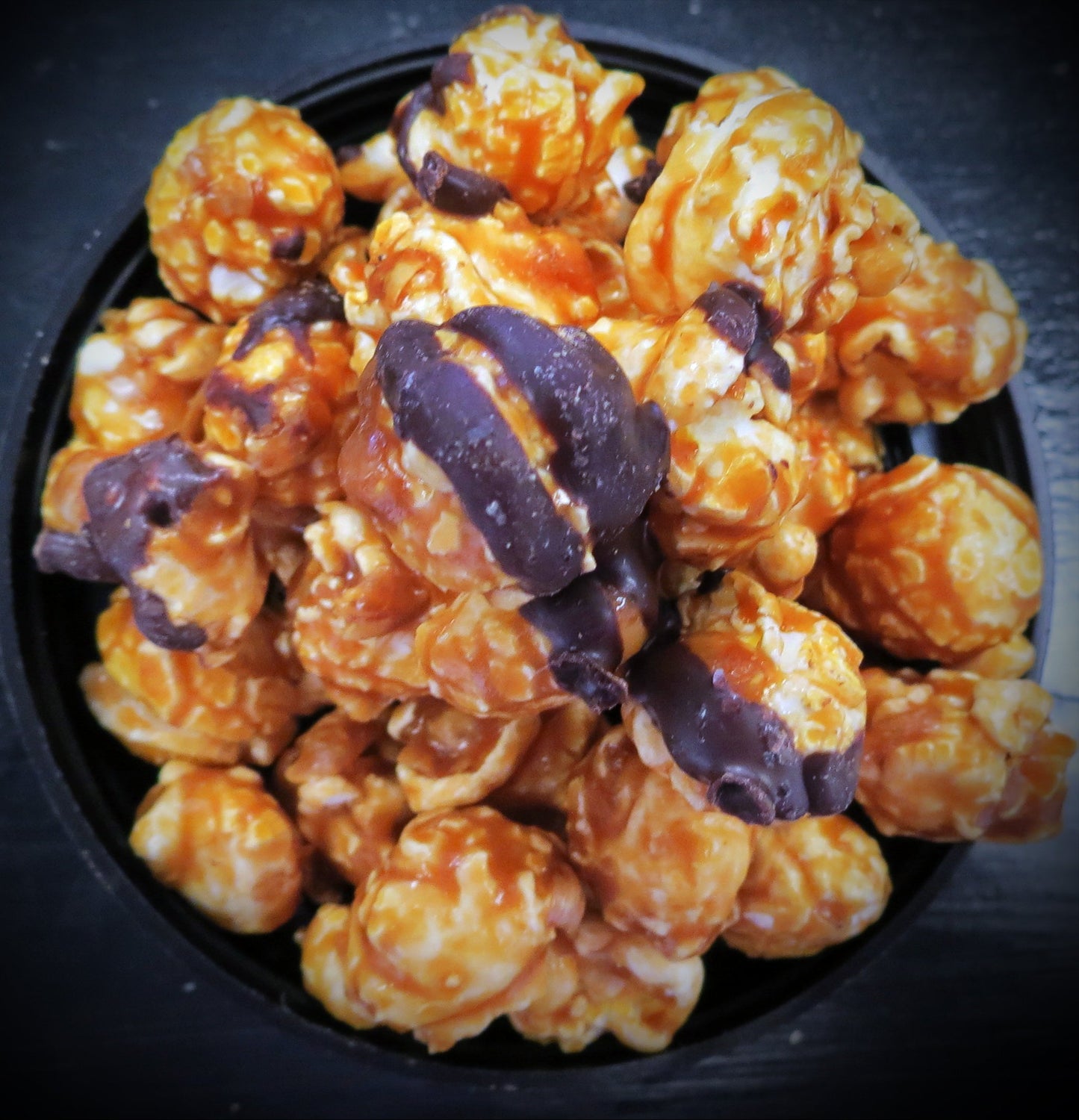 Sea salt caramel popcorn drizzled with dark chocolate.