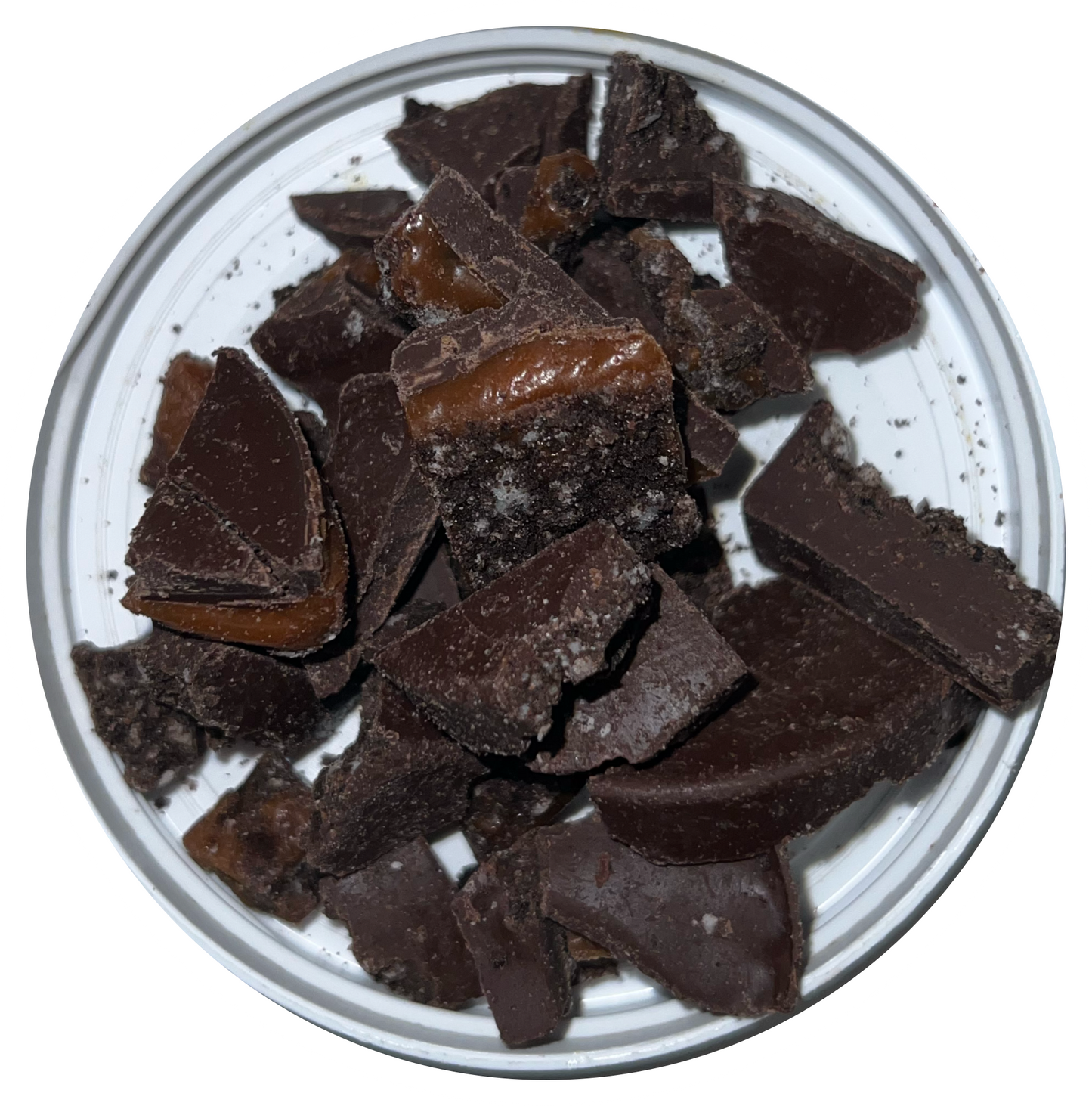 Caramel chocolate covered cookie pieces in a container.