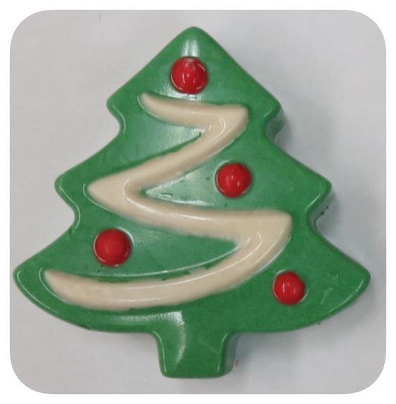 Christmas tree-shaped chocolate-covered Oreo with festive design.