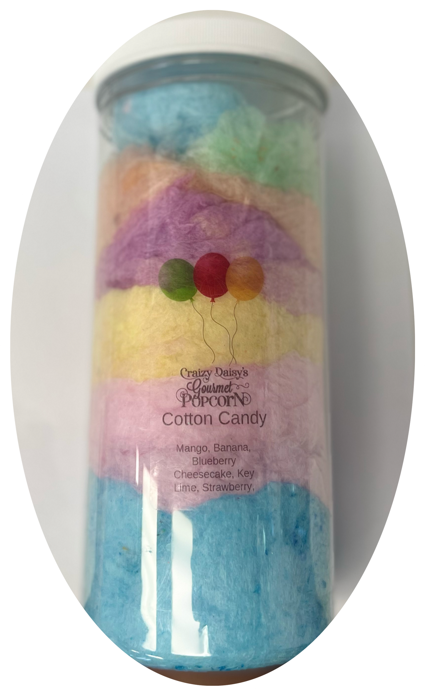 Cotton Candy Tube with six flavors: mango, banana, blueberry, cheesecake, key lime, and strawberry.