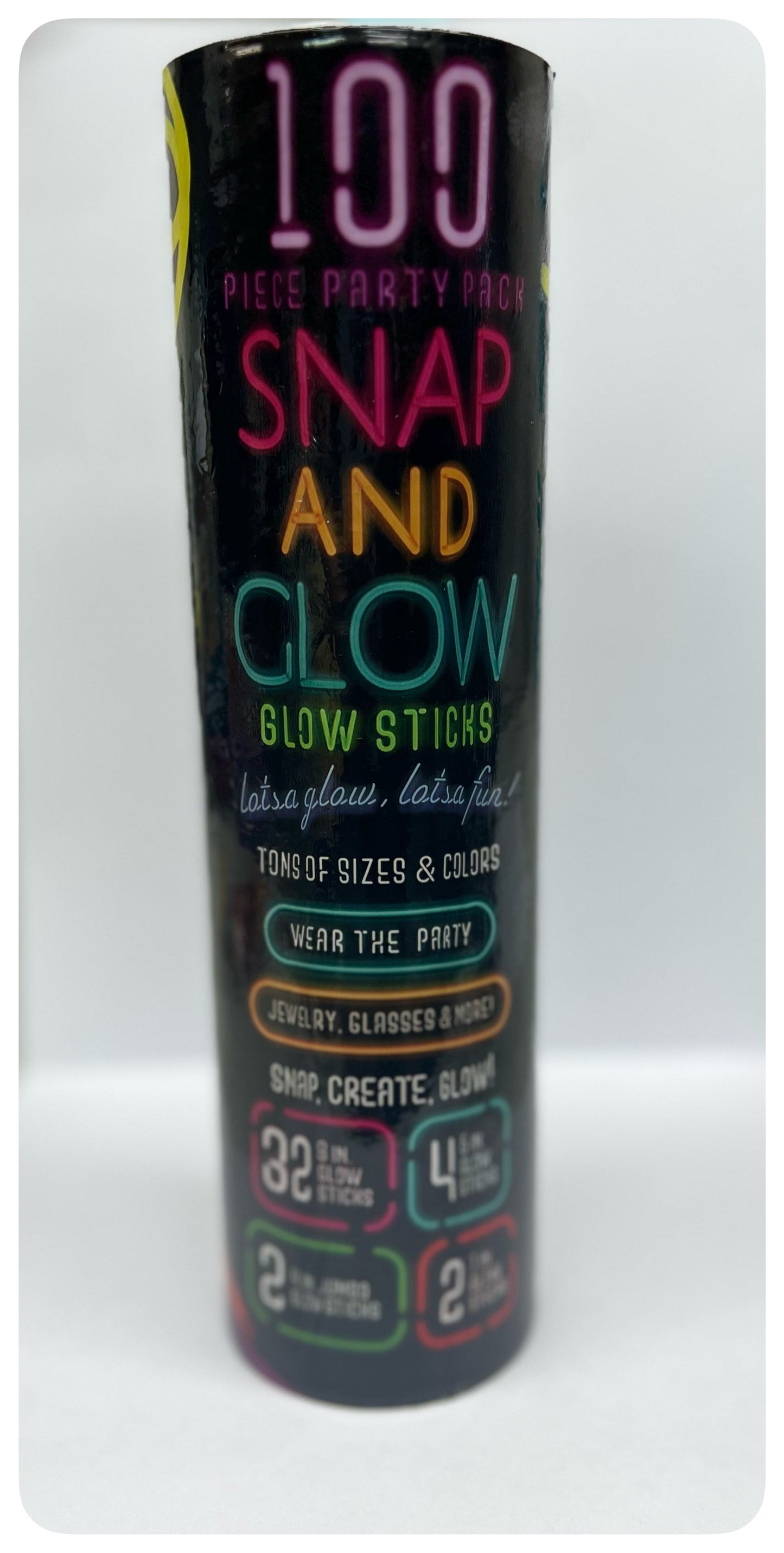 100 Piece 'Snap and Glow' party pack with assorted glow sticks in various sizes.