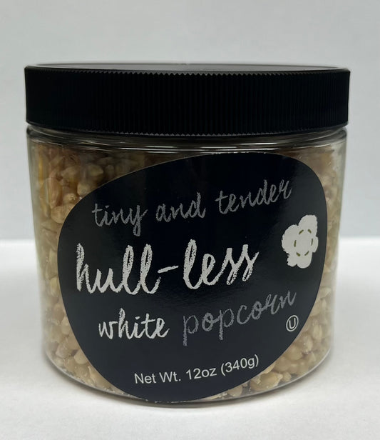 Hull-Less White Popcorn jar, 12oz, tiny and tender kernels.