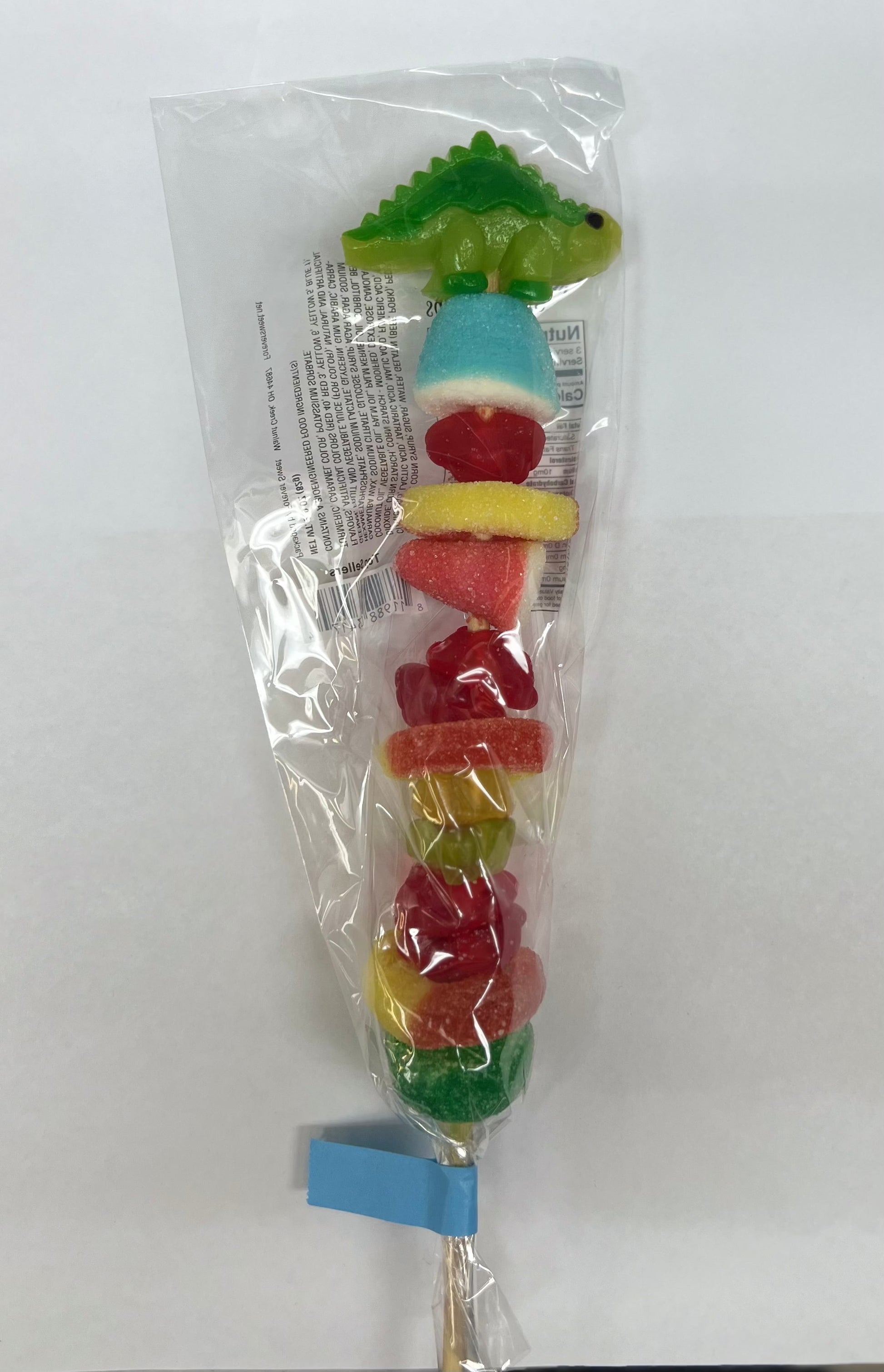 Gummy Kabob with assorted fresh gummies wrapped in clear packaging.