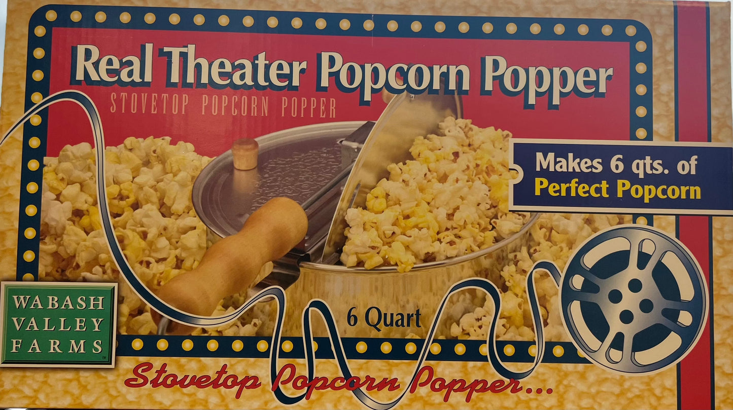 Real Theater Popcorn Popper packaging showing 6-quart capacity for perfect stovetop popcorn.