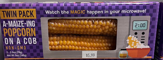 Twin pack of A-Maize-Ing Popcorn on a Cob with microwave illustration.