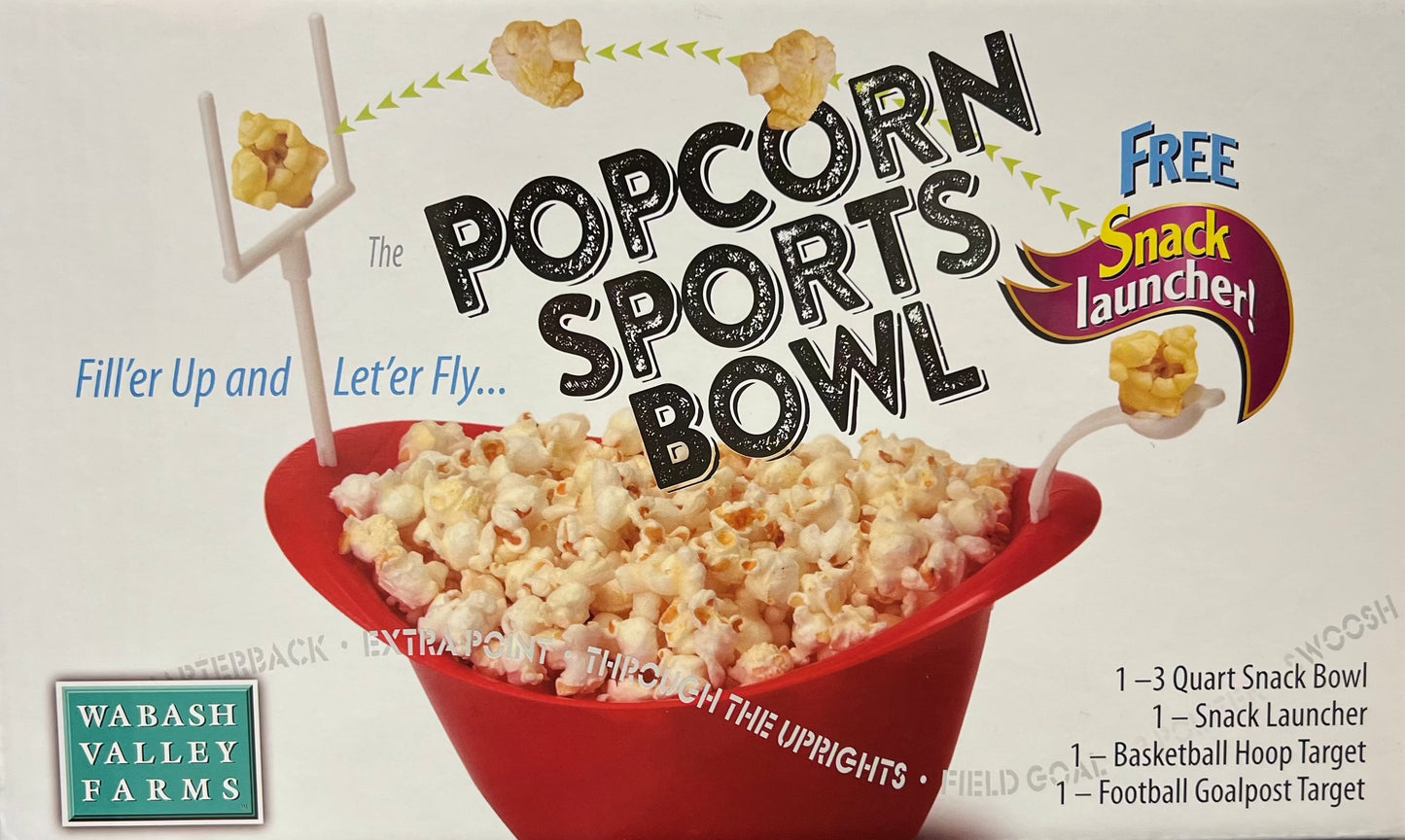 Popcorn Sport Bowl with snack launcher and popcorn-filled red bowl.