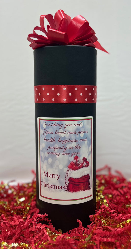 Popcorn Christmas gift tube with festive ribbon and holiday message.
